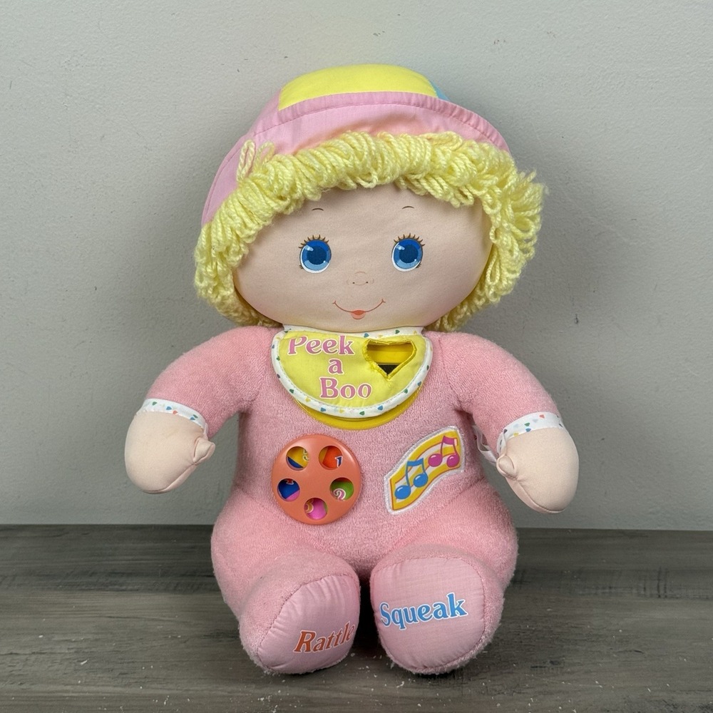Amtoy‎ Doll Peek-A-Boo Squeak Rattle Pink Terry Plush 1985 Baby Activity Toy 14"